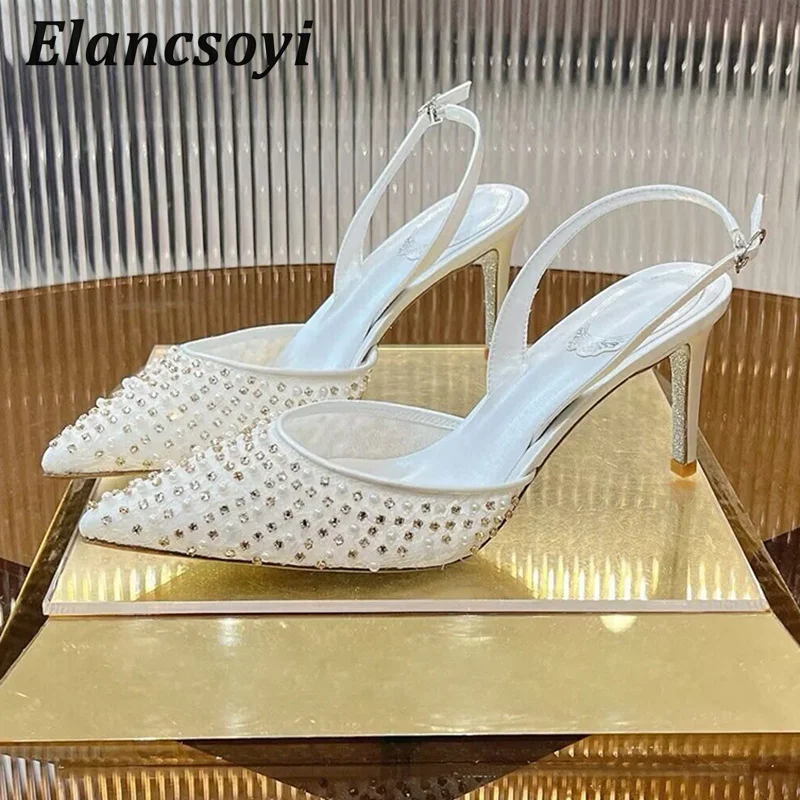 Thin High Heels Fairy Sandals Women's Pumps Rhinestone Pearl Pointed Toe Back Strap Sandalias Summer Sexy Party Banquet Shoes