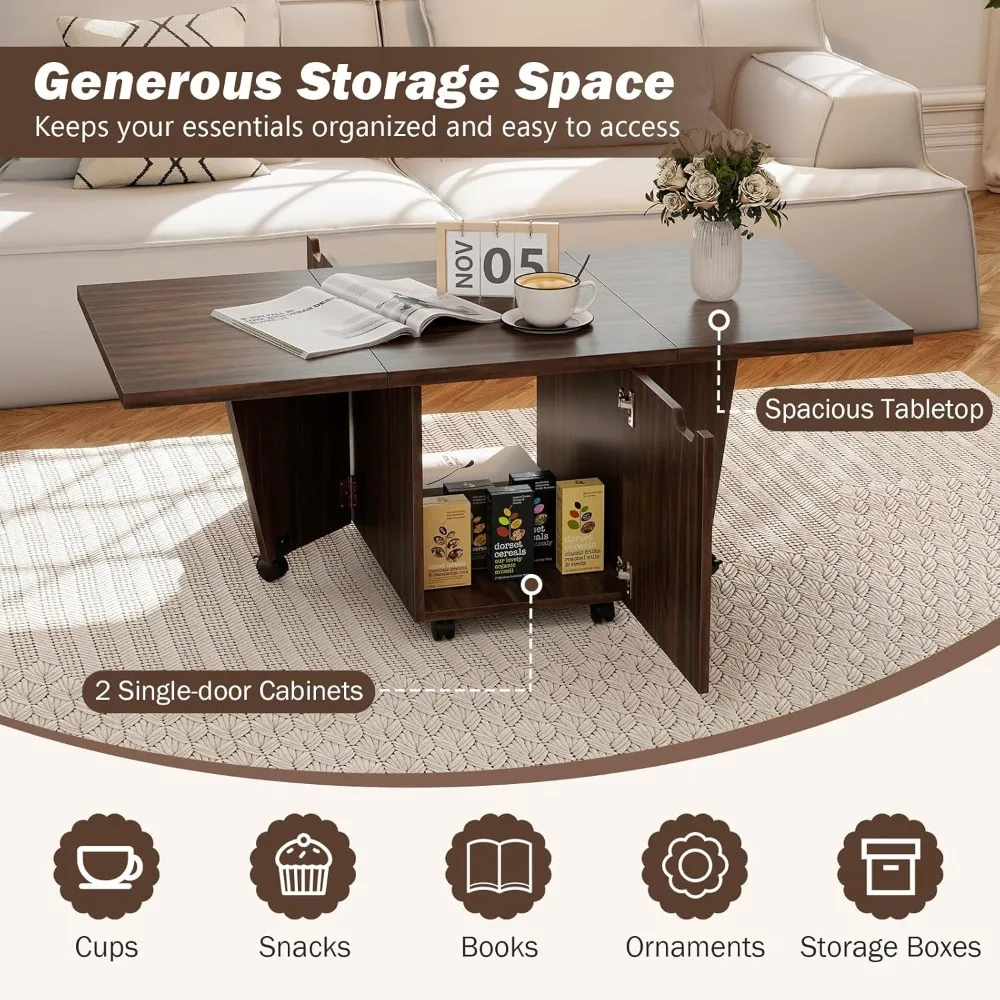 접이식 커피 테이블, 수납 캐비닛 및 바퀴가 있는 48인치 접이식 확장형 센터 테이블, 롤링 사이드 테이블, 미드 C