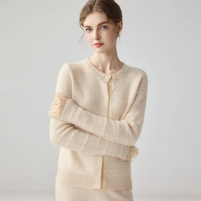 Women's 100% Cashmere Cardigan Sweater O-Neck Fringe Trim Front Lace Cuff Detail Horizontal Stitch Texture Casual Knit Outerwear