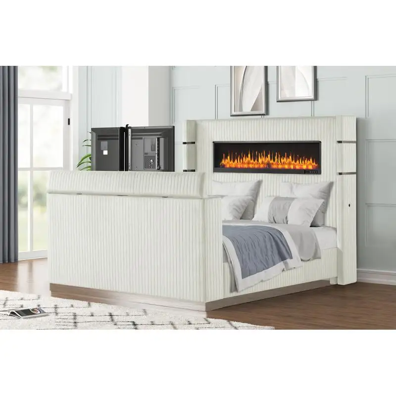 Lavish Modern Style Queen Bed with Fireplace Headboard & TV Stand Footboard in Beige Wood