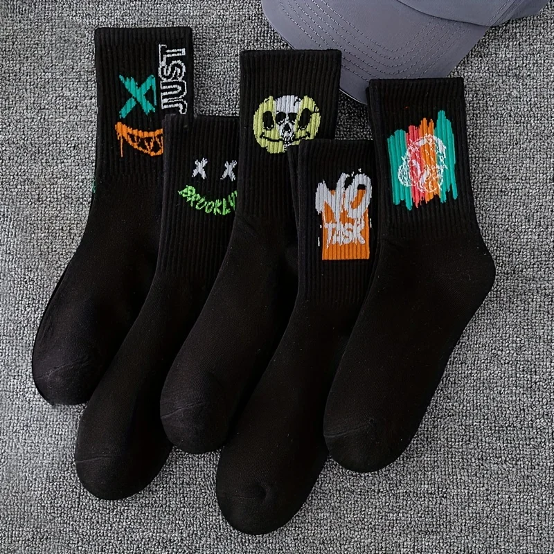 5/10 Pairs Women Men Crew Socks Cool Cartoon Pattern Couple Funny Socks Middle Tube Basketball Socks Paired Halloween