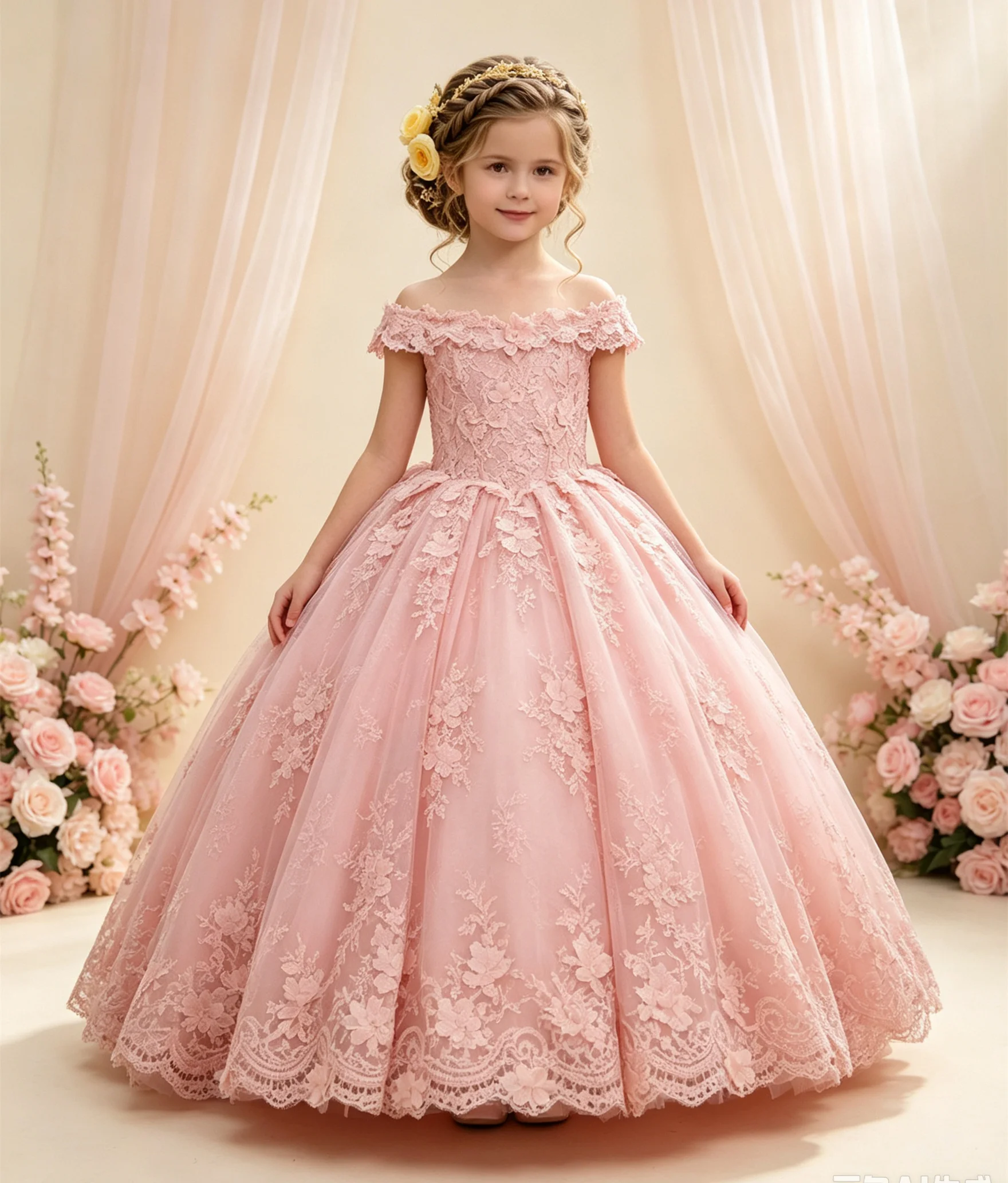 Luxury Flower Girl Dresses For Wedding Off Shoulder Lace Appliques Floor Lenght Girls Birthday Dress First Communion Gown