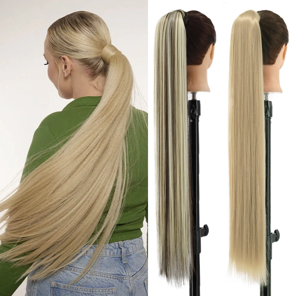 LISI GIRL 85cm Synthetic Long Straight Ponytail Hair Clip In Hair Extensions Blonde Brown Wrap Around Pony Hairpiece For Women