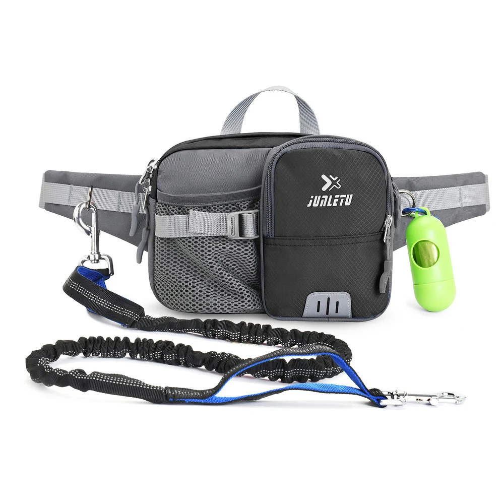 Hands Free Dog Walking Leash Set with Nylon Waist Pack Adjustable Belt and Bungee Leash Treat Phone Storage for Outdoor Walks