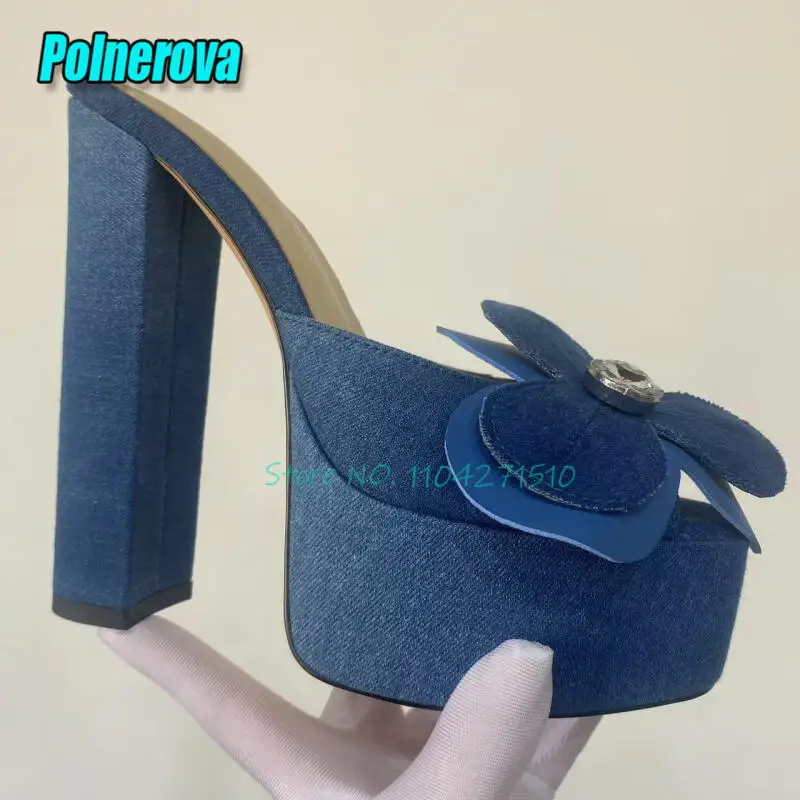 

Denim Flower Platform Thick Heel Sandals for Women Square Peep Toe 14CM Super High Heels Slippers Summer New Party Runway Shoes