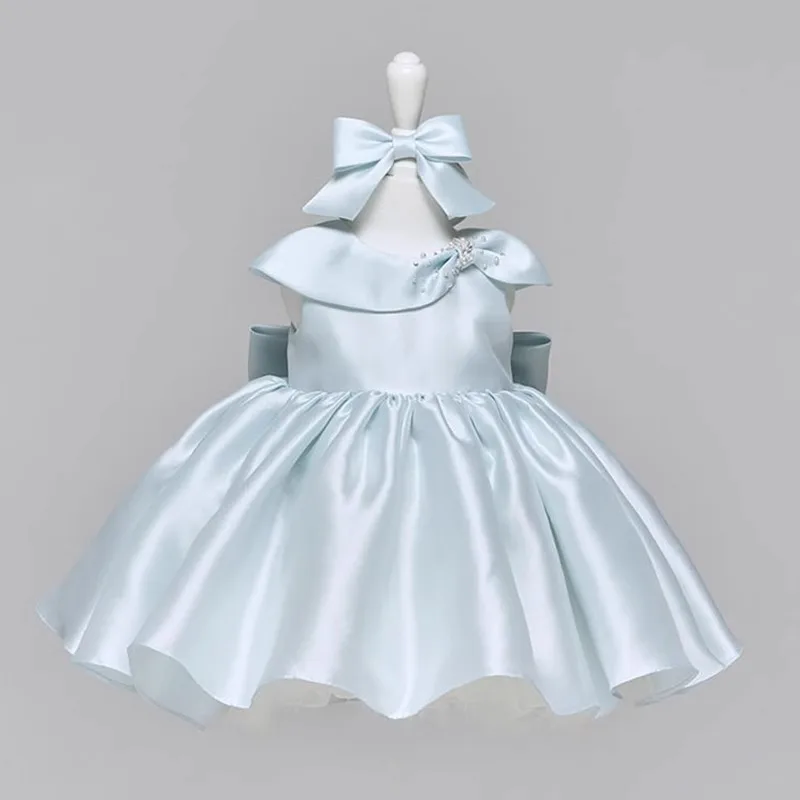 

Wed Dress Kids Korean Style Baby Girls First Birthday Dress Light Blue Children Hanbok Photo Shoot Flower Girl Satin Tutu Gown