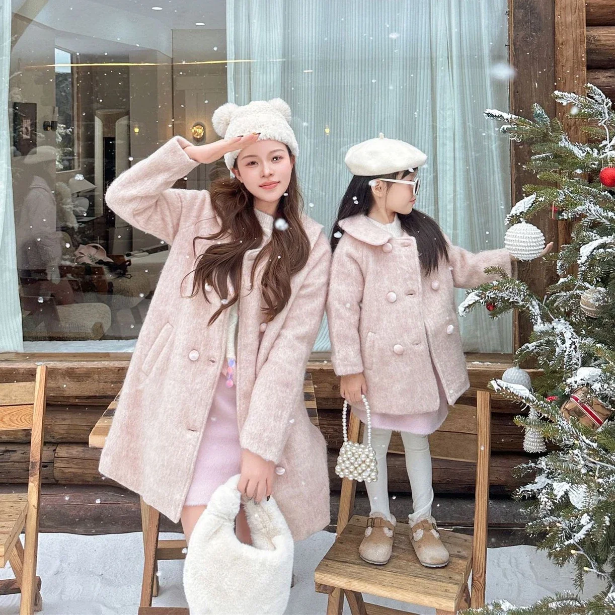 

Mother Daughter Long Equal Duffle Coat Double Breasted Mom and Baby Girls Pink Tweed Jacket Mommy and Me Outerwear Women Clothes