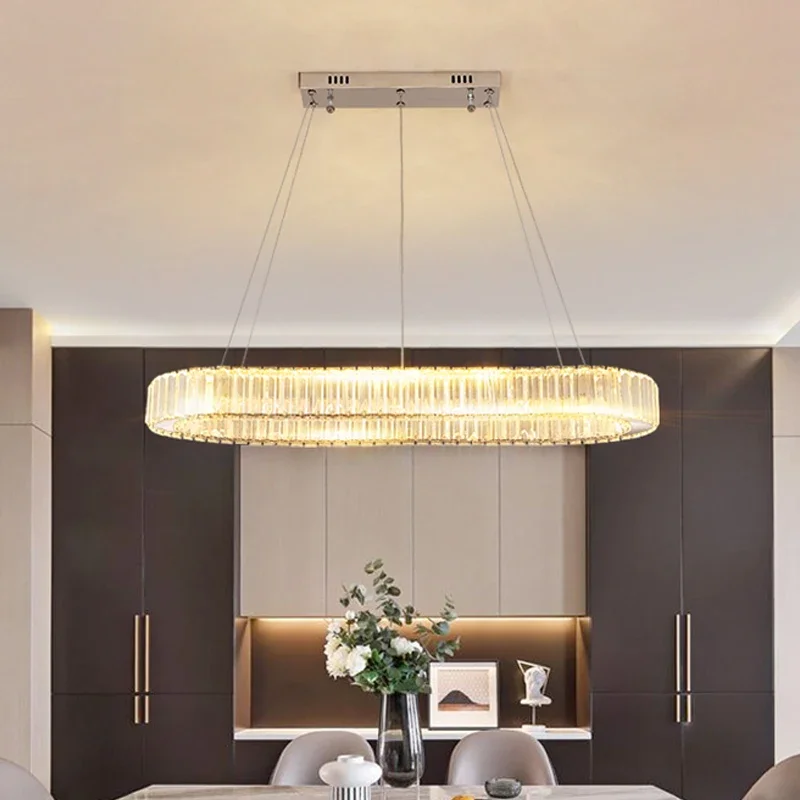 Moderno teto dourado oval led lustre de luxo k9 lustre cristal placa aço sala estar simples lustre iluminação fixtur