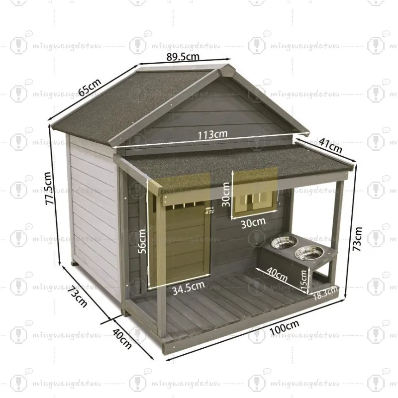 Multifunctional Wooden Dog House – Outdoor Windproof & Waterproof Kennel with Sun Visor and Feeding Bowl, Large Size