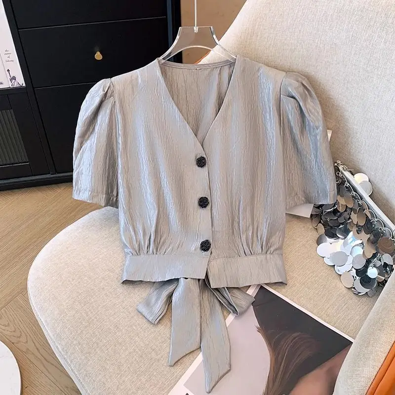 Minimalist Commute Summer New Short Blouses Women's Spliced Solid V-neck Ruched Drawstring Short Sleeve Single Breasted Shirts