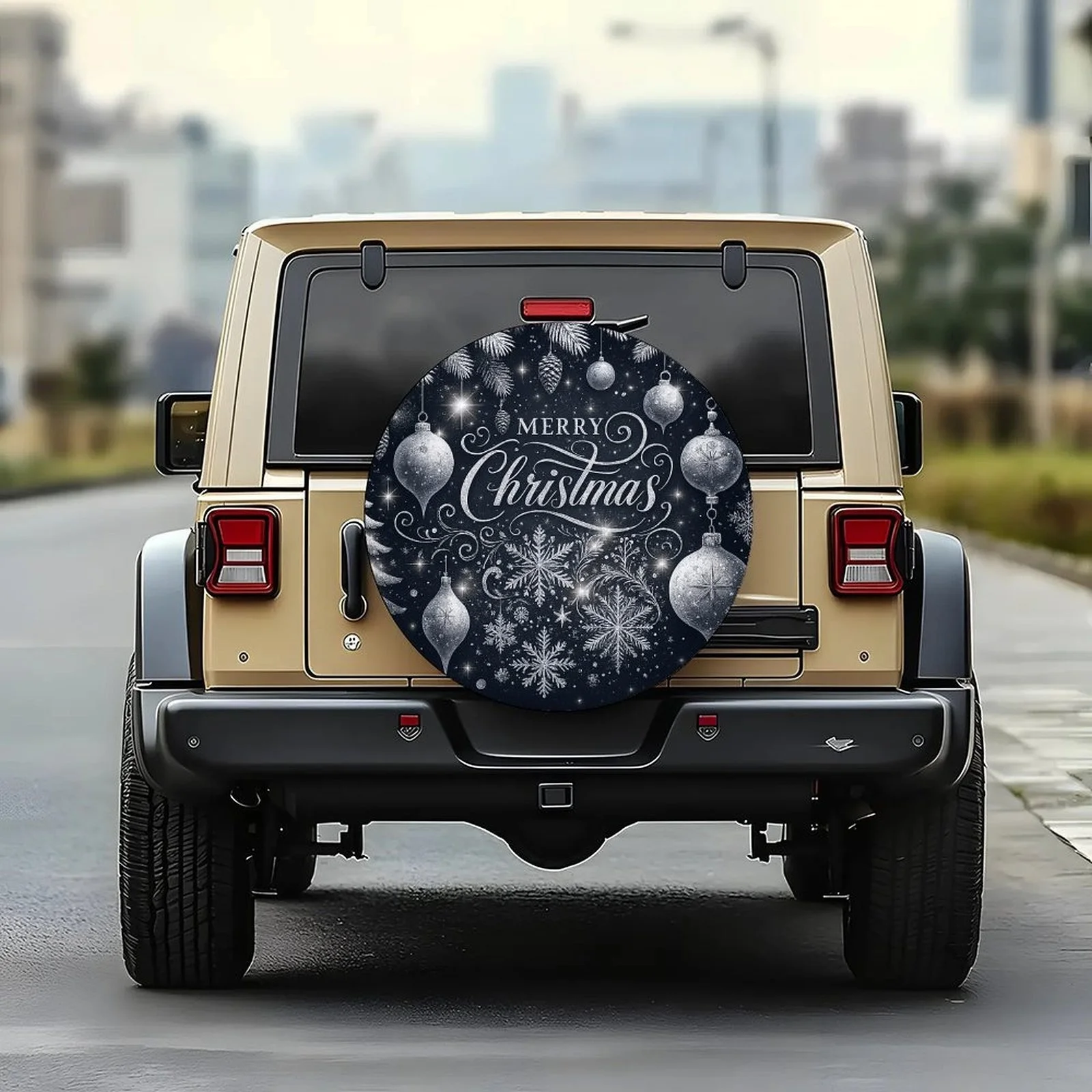 1pc Christmas Ornaments Themed Tire Cover - Festive Snowflakes, Stars & Pine Cones Design, Durable Polyester Wheel Protector For