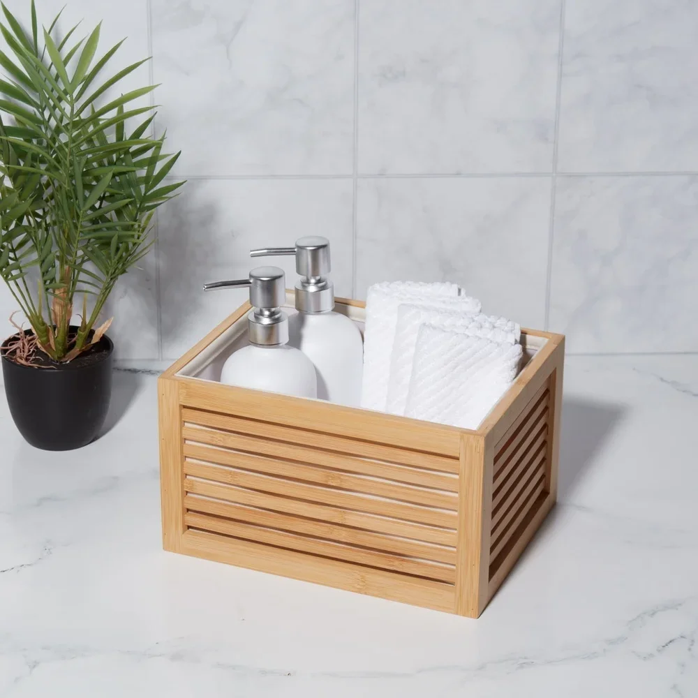 

Бамбуковая решетчатая корзина-органайзер, декоративное хранилище, многофункциональное решение для хранения в деревенском стиле с прямоугольной подкладкой, идеальные книги, полотенца, маленькие