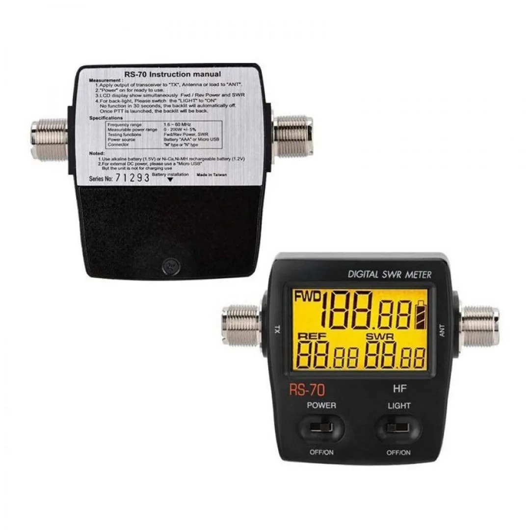 NISSEI RS70 Digitales SWR- und Wattmeter, 1,6–60 MHz, HF-Bänder, 200 W Leistung, SO239 (M-Typ), Anschluss für tragbares Funkgerät