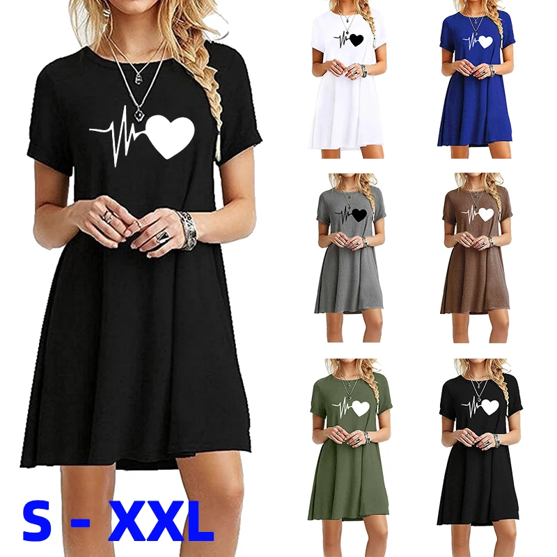 Womens Moda Verão Vestuário Casual Short Sleeved Impresso T-shirt Vestido Tripulação Pescoço Solto Mini Vestidos Saia Plus Size Vestido