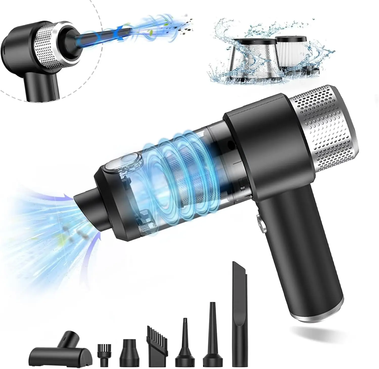 

Ручной автомобильный пылесос 16000 Па 7-в-1, светодиодная подсветка, мульти-насадки, влажная/сухая, черный