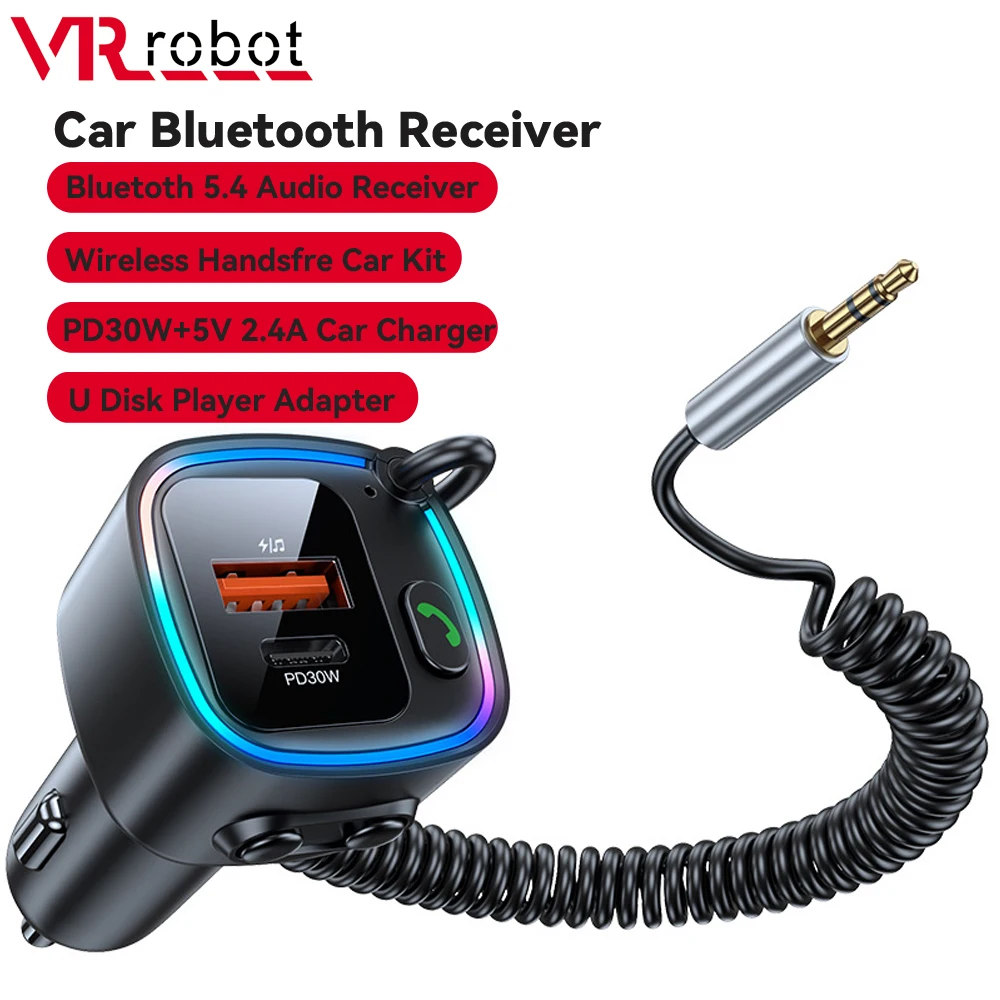 VR Robot 3.5mm Aux Car Bluetooth 5.4 Audio Receiver U Disk MP3 Player PD30W Type-c Car Fast Charging Adapter Wireless Handsfree