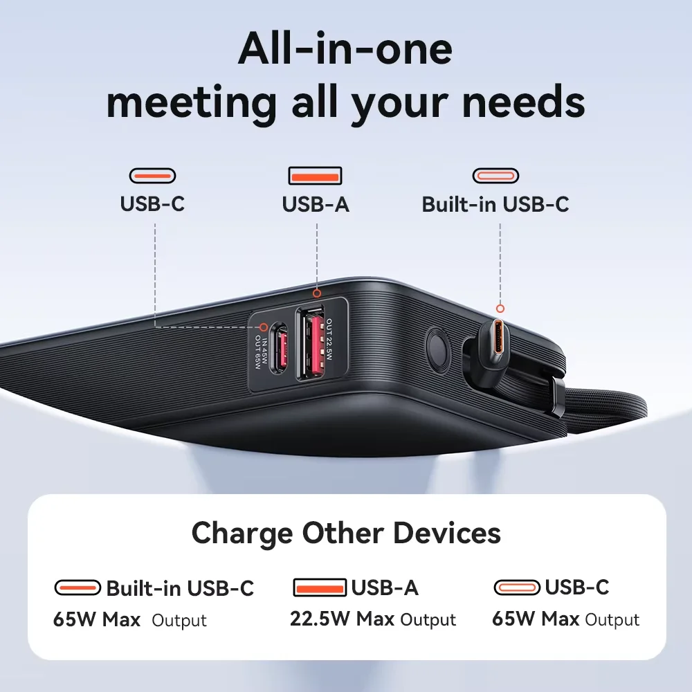 Vention Power Bank 20000mAh Portable PD 65W Fast Charging Built-in Type-C Cable External Battery Powerbank For iPhone 17 Laptop