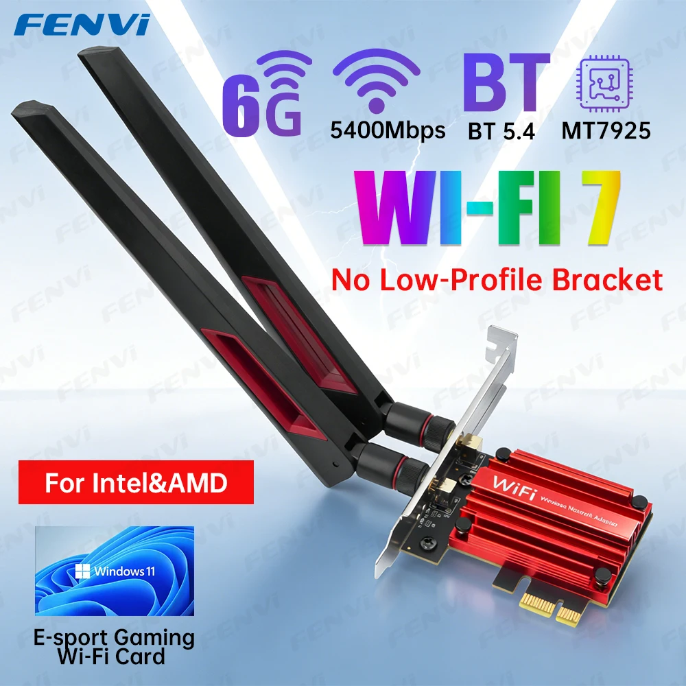 

Беспроводной адаптер fenvi WiFi 7 PCIe, Bluetooth 5,4, трехдиапазонный, 6G/5G/2,4 ГГц, антенны 10DBi, MT7925, сетевая карта WiFi7 для ПК, Win 10/11