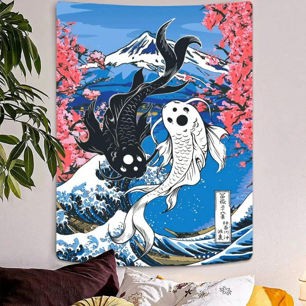 Oriental Yin-Yang Koi Tapestry Living Room Sofa Background Wall Decoration Japanese Tai Chi Art Home Decoration Tapestry