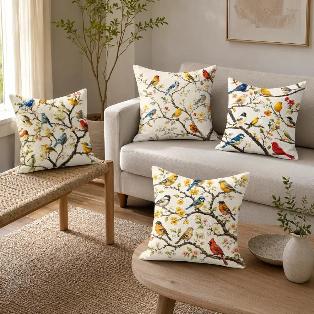Colorful Branch Songbirds Cushion Cover Organic Linen Throw Pillow Cover - Double-Sided Print Breathable Cushion Case Home Decor