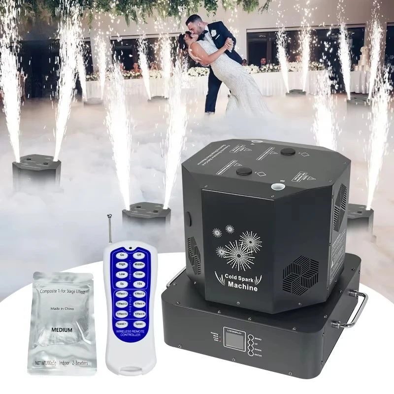 Dual-head rotating cold spark machine with remote control; features a metal housing; suitable for weddings and stage events.