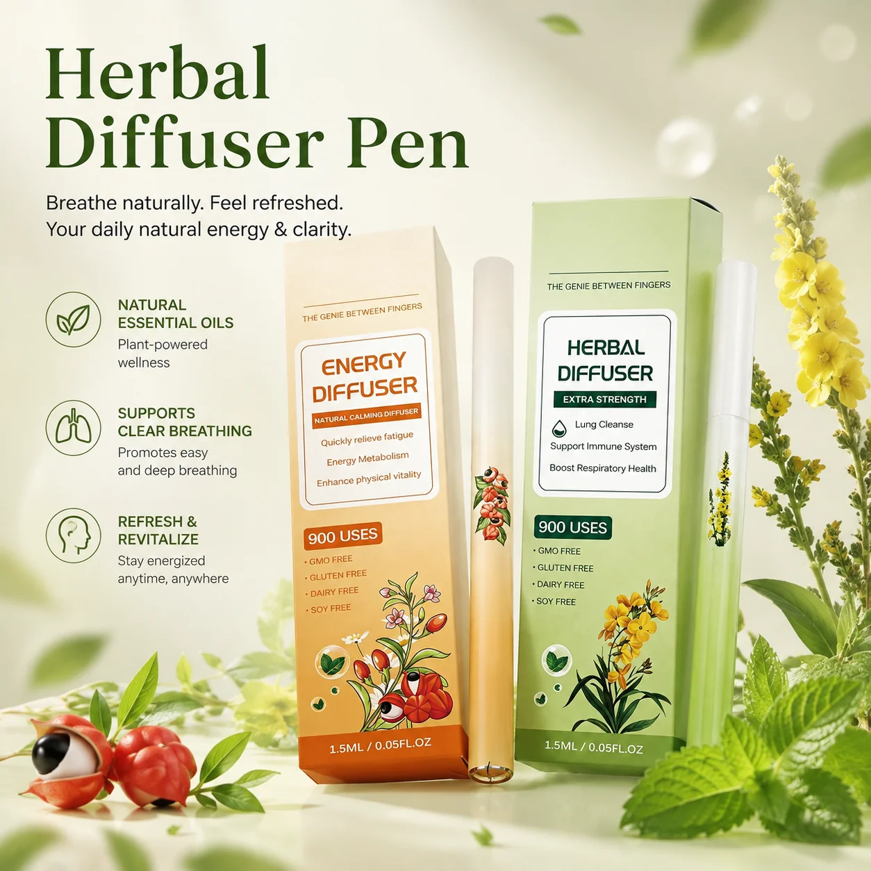 Organic Herbal Diffusion Pen Lung Breathe Cleanse Relieve Fatigue Soothing Anxiety Moods Natural Aromatherapy Air Freshing Pen