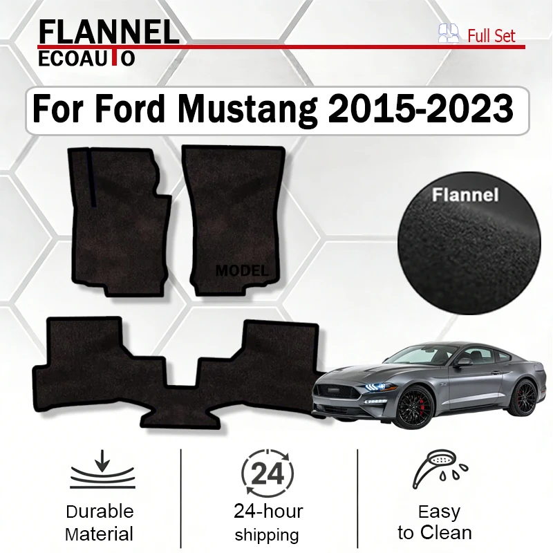 ECOAUTO Flannel Car Floor Mat For Ford Mustang 2015-2023 MK6 S550 Polyester suede Anti Slip black Backing red Binding Trim pad