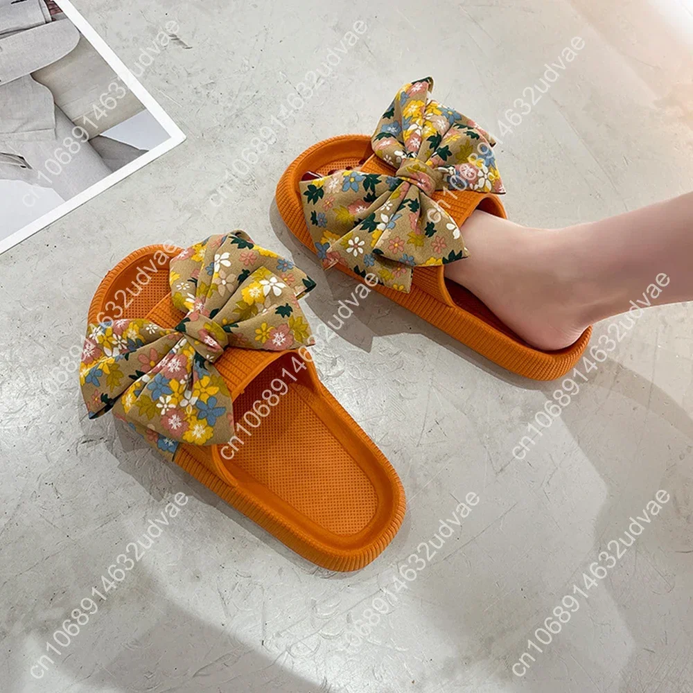 2022 Hot Women Summer Thick New Bow Tie Slippers Indoor Home Sandals Couples Bathroom Slides Non-Slip Soft House Slippers Femme