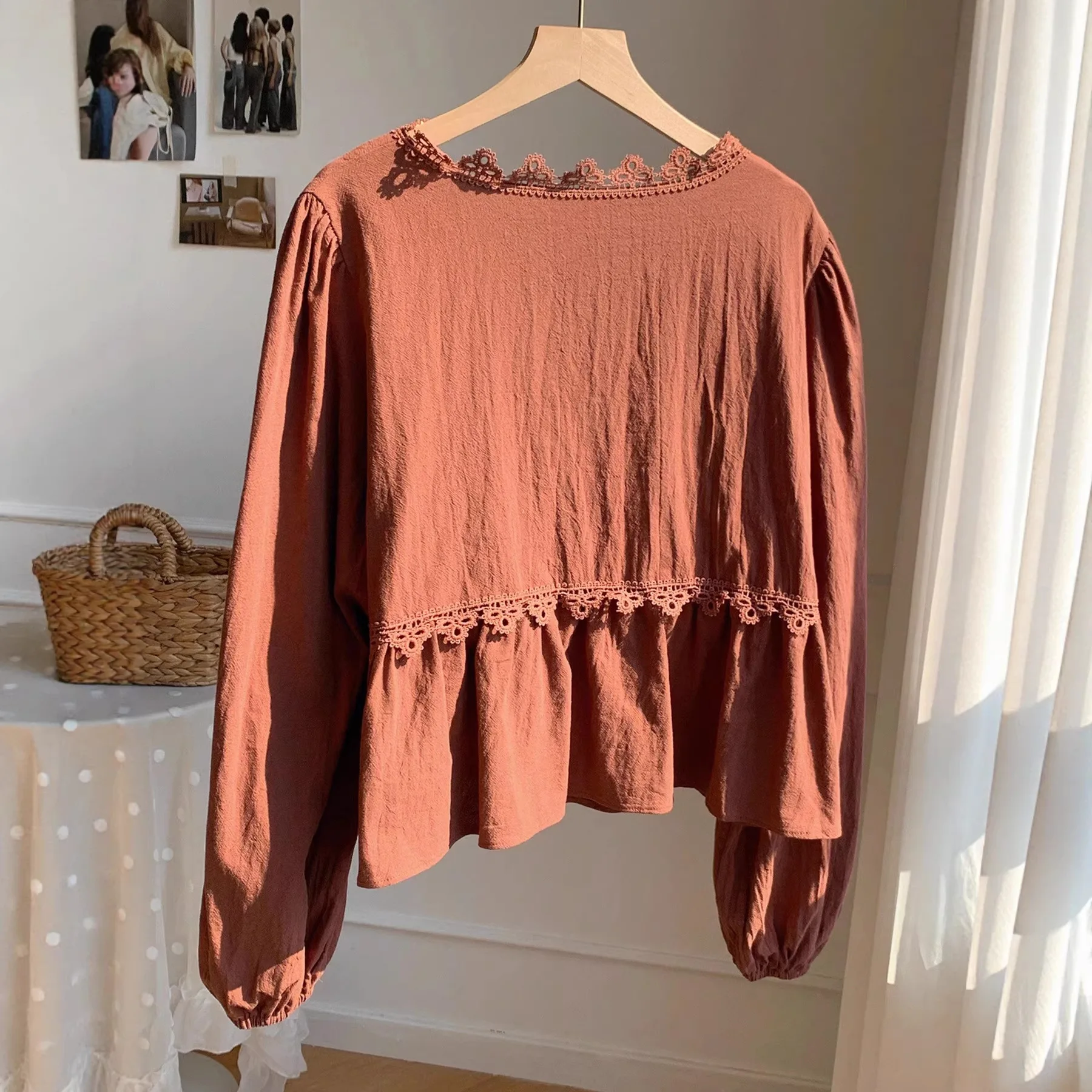 Women's French Style V-neck Lace Trim Long Sleeve Blouse Tie Front Ruffle Hem Casual Elegant Shirt Tops