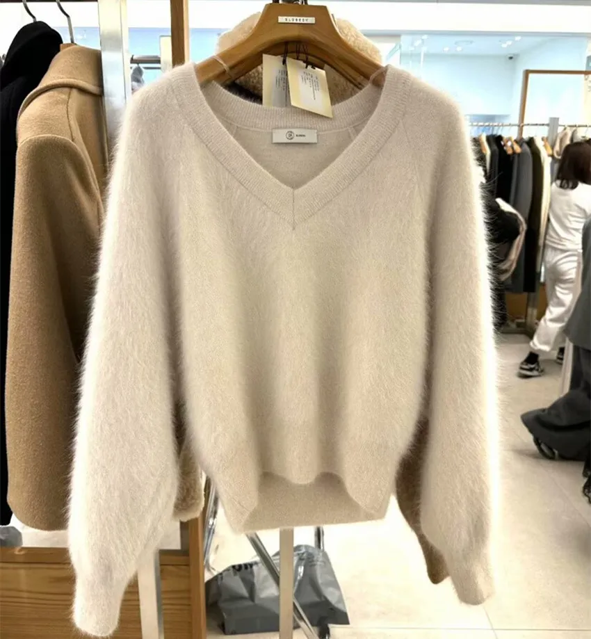 

High Quality Women V Neck Soft Mohair Knitted Loose Pullover New Autumn Winter Mink Cashmere Lantern Sleeve Warm Solid Sweaters