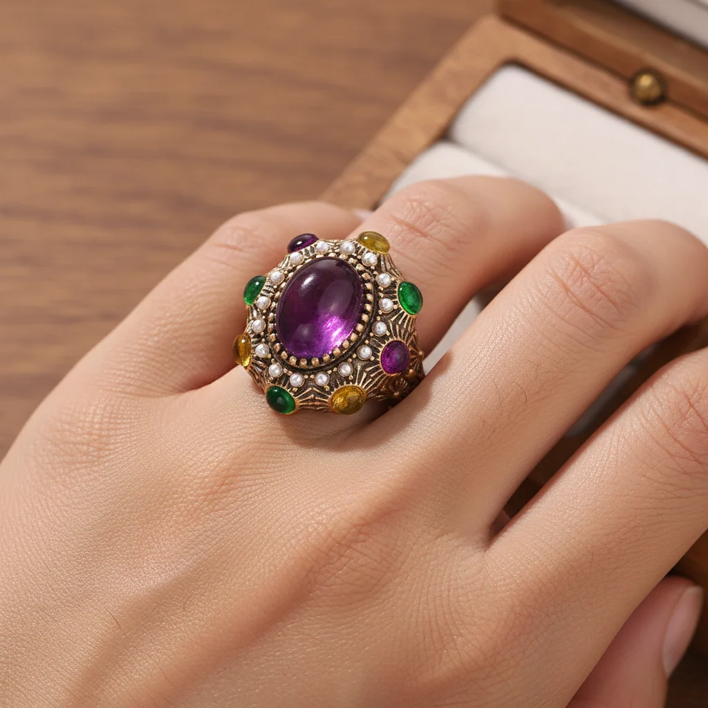 Vintage Gold Color Oval Purple Crystal Ring for Women Baroque Pearl Inlaid Open Rings Party Engagement Jewelry