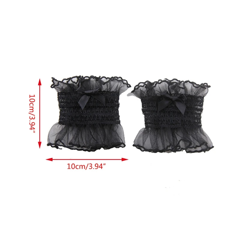 652F Japanese Sweet Shirred Elastic Wrist Cuffs Solid Color Ruffled Lace Bowknot Bracelet Wristband Anime Hand Sleeves