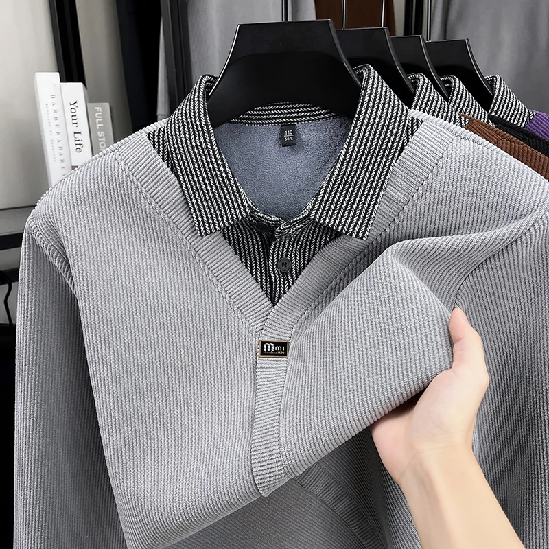 Высококачественный мужской трикотаж с длинными рукавами, ложный двухсекционный пуловер с лацканами на одной пуговице в корейском стиле, зимняя качественная мужская одежда для отдыха