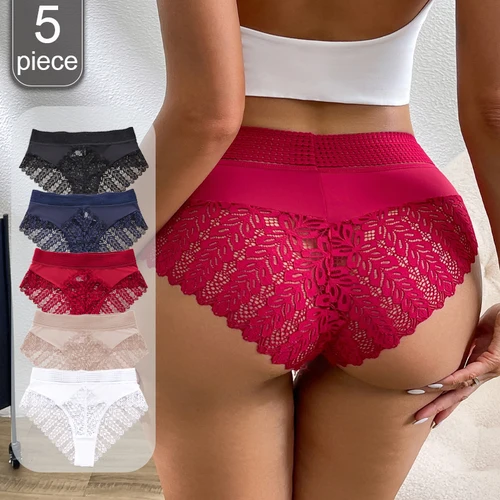 5 uds bragas triangulares transparentes de cintura alta de encaje de Color sólido ropa interior de mujer