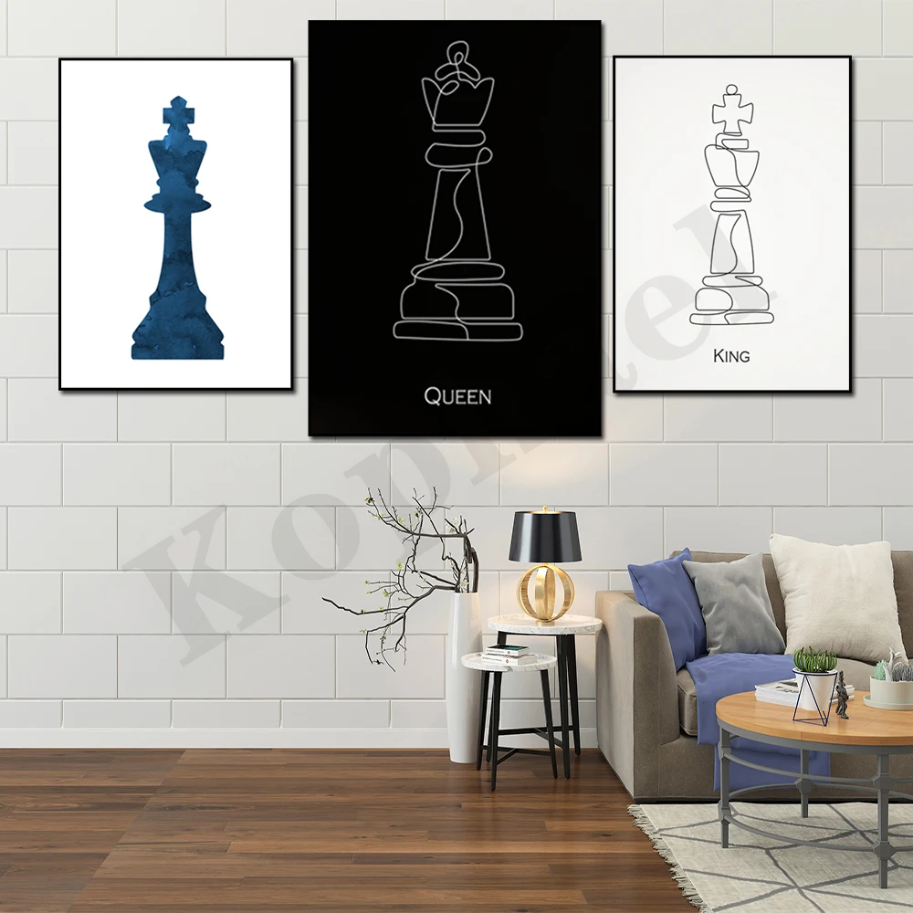 Chess King Queen Minimalist Line Art Wall Decor Poster
