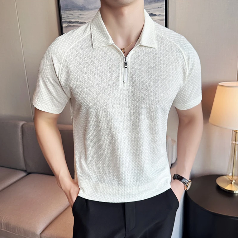 Summer Ice Silk High Elastic Half Zipper Polo Shirt Men's Short Sleeves Casual Lapel T-shirts Business Polos Men Clothing M-4XL