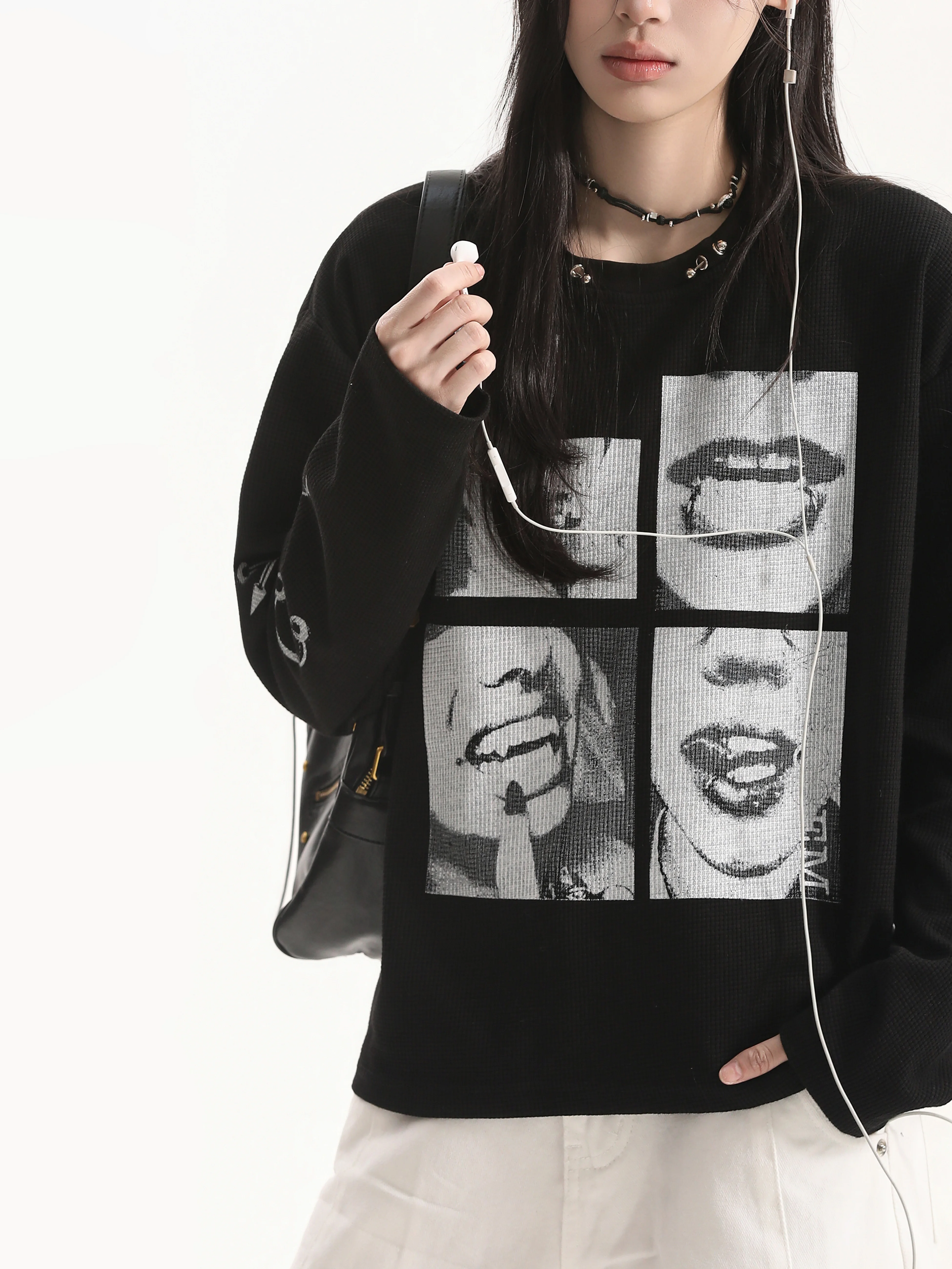 American Light T-Shirt Unique Portrait Print Long Sleeve Women's Casual Loose Fit Polyester Cotton Blend Tee