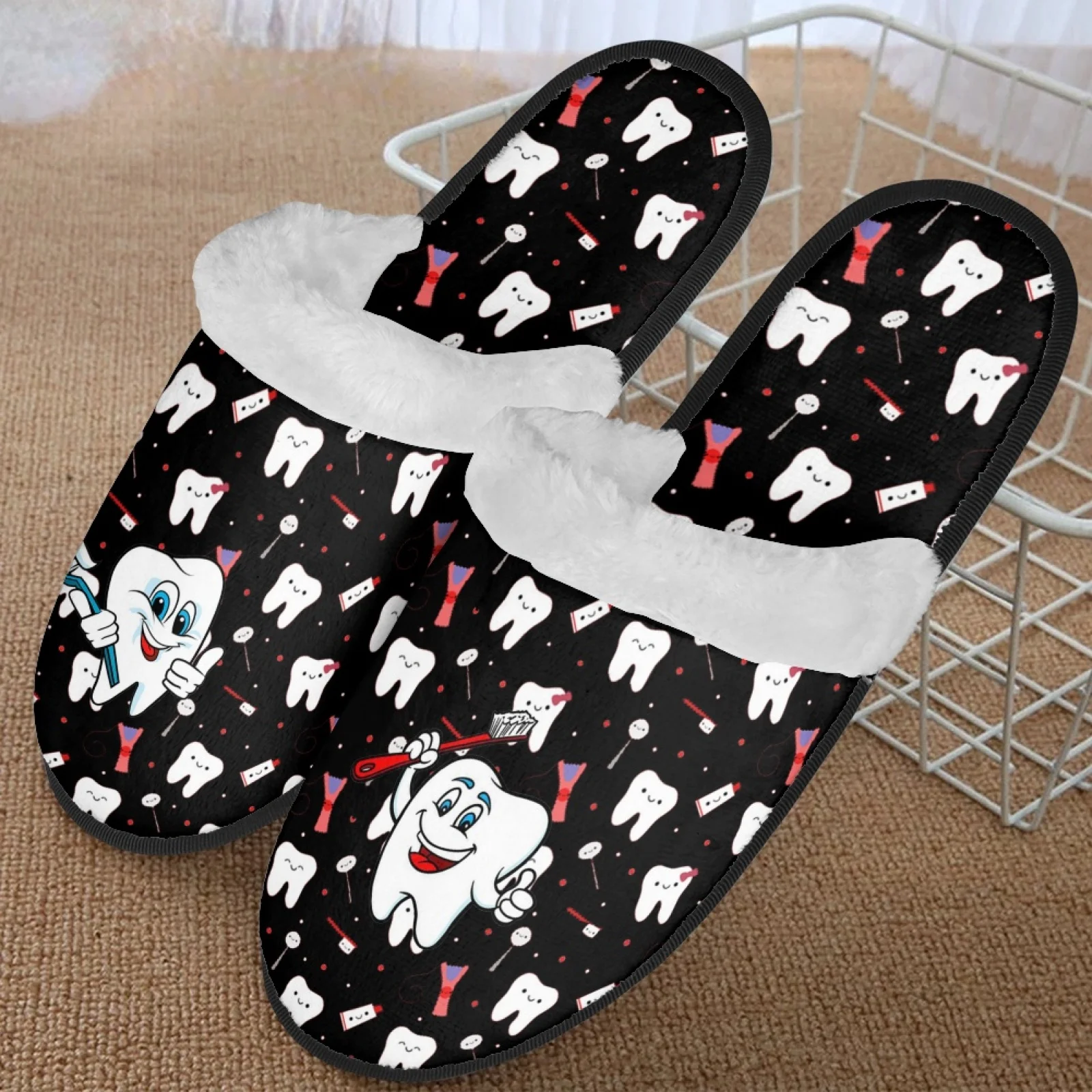 

Нечеткие тапочки с милыми зубами/стоматологическим принтом, зимние получешки для женщин, шлепанцы, нескользящие уютные домашние хлопковые теплые шлепанцы для пар