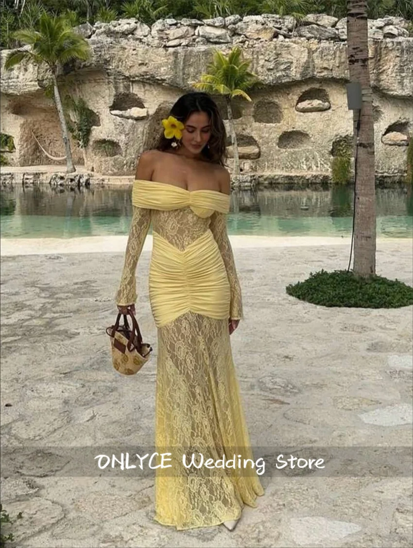 

Sexy Yellow Lace Slim Vestido Women Elegant Off Shoulder Pleat Maxi Dress Summer Female Dinner Party Gowns Customized
