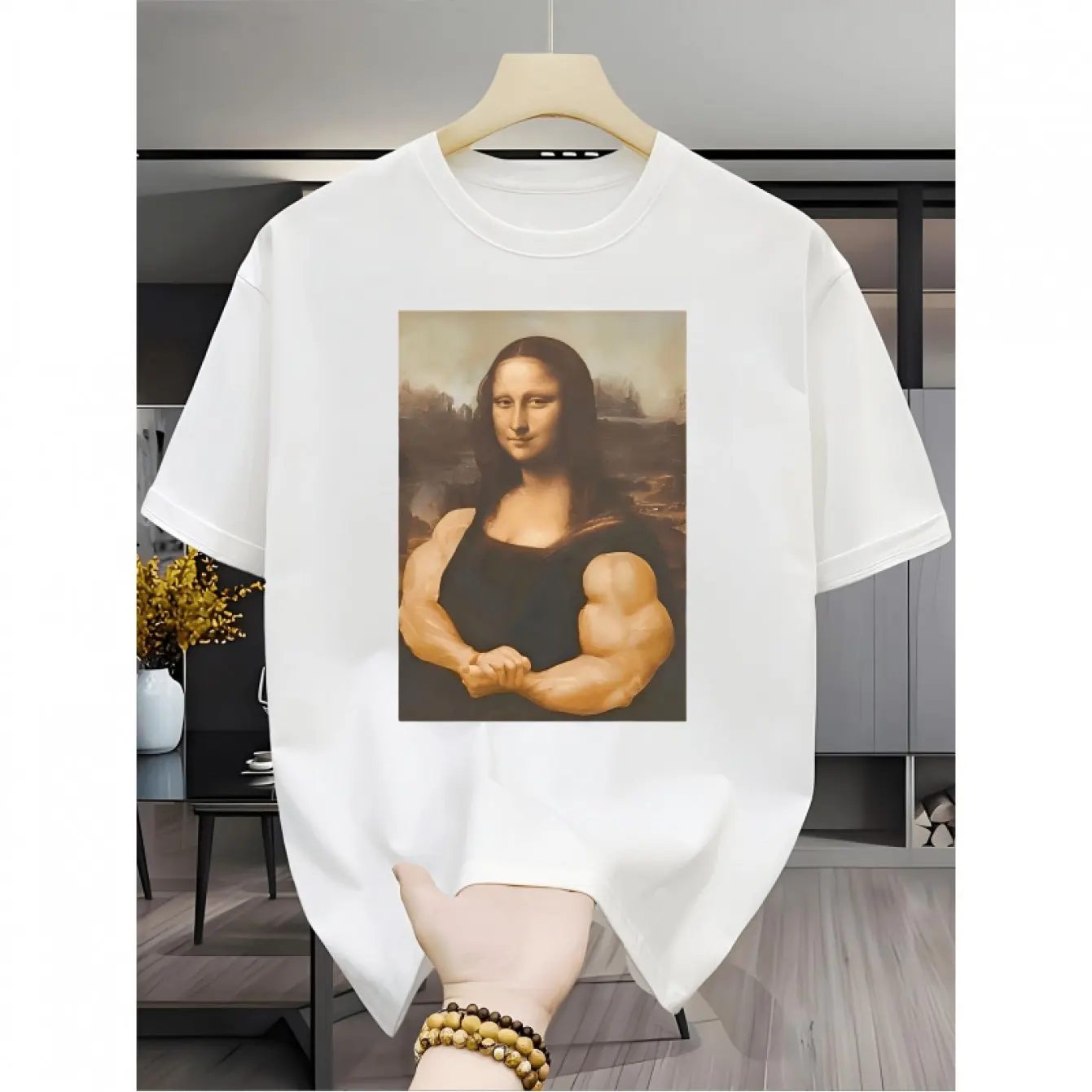 Hobby Muscle Strongman Mona Lisa Mocking Pattern T-Shirt Humorous Artistic Inspiration Esin Soft Stretchy Top All-Season
