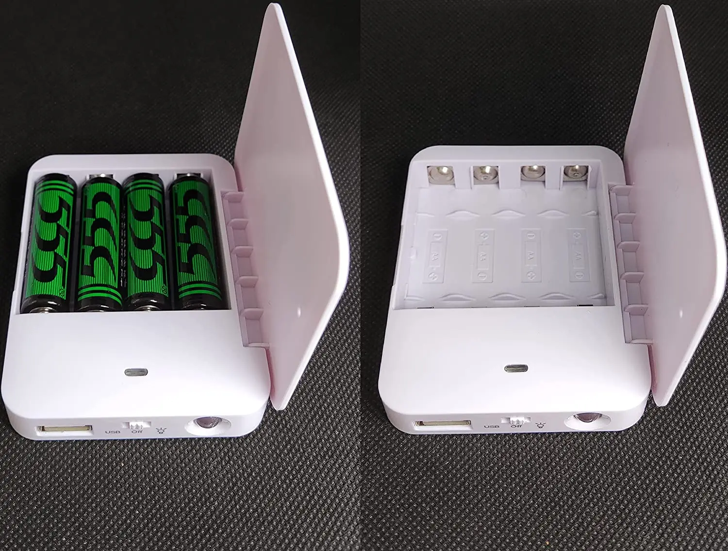 휴대용 AA 배터리 홀더 박스 케이스 스위치 및 LED 조명이 있는 여행용 비상 충전기용 USB 포트, 전화용 충전기, 전원