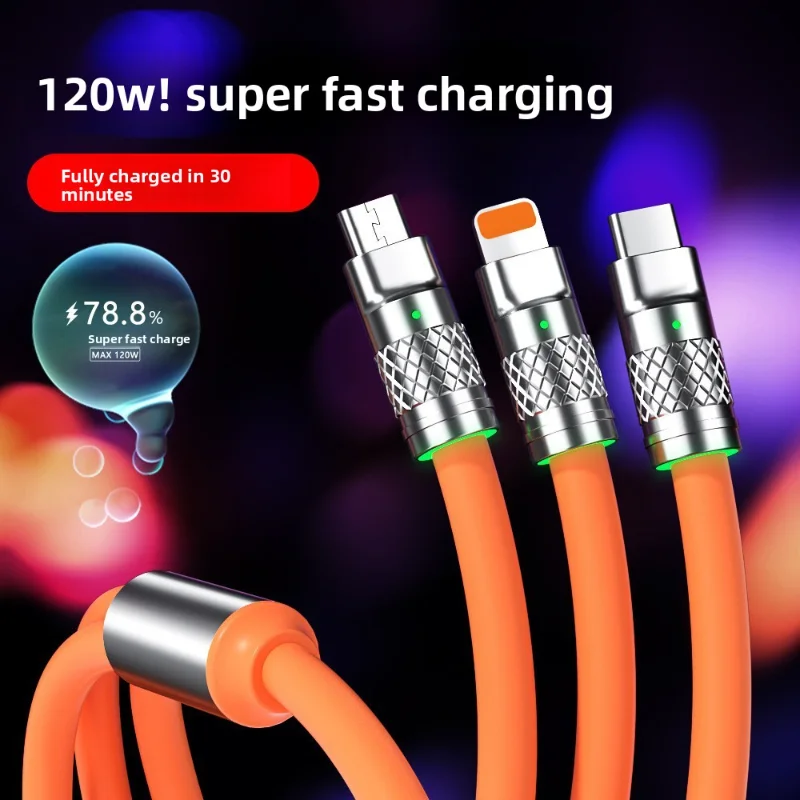 Data Cable, Three-in-one Charging Cable, One-to-three 120W Super Fast Charging Geek Cable, Suitable for TYPE-C