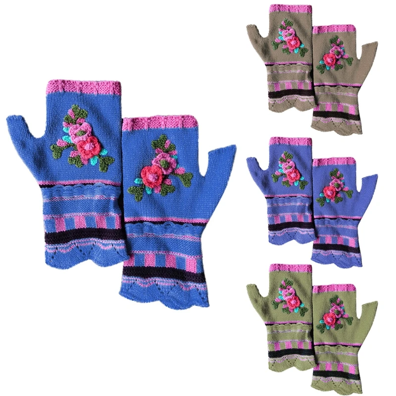 Women Vintage Multicolor Jacquard Crochet Floral Fingerless Gloves Autumn Knitted Half Finger Texting Mittens Stretchy Thumb Arm