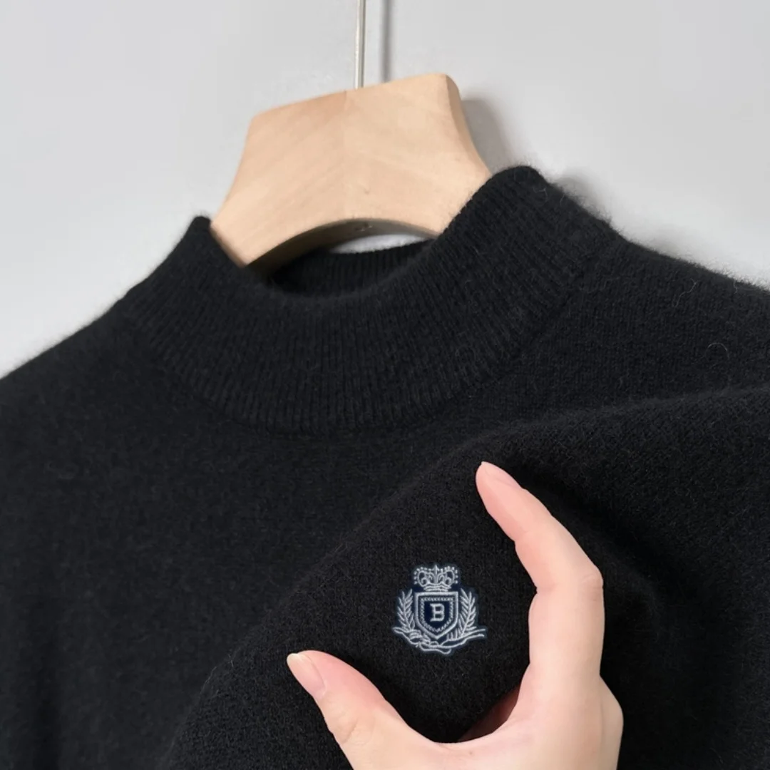 

Geometry Alphabet Embroid Men's Knit Pullover Hot Sales Wool Sweater Mock Neck Winter Brand Quality Business Warm Soft Menswear