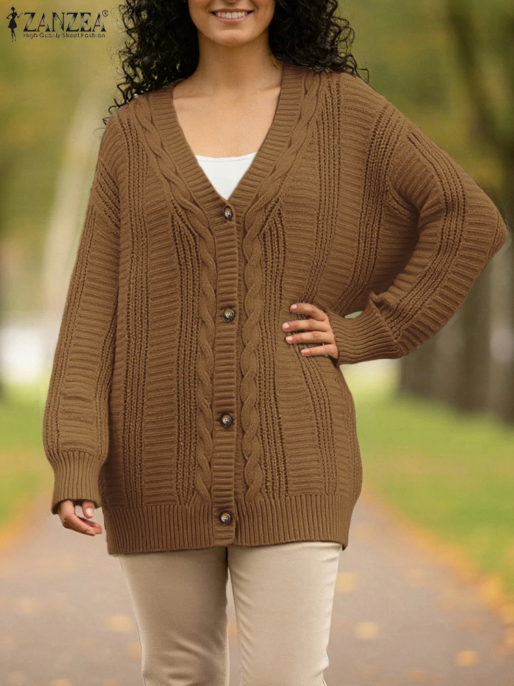 

ZANZEA модные вязаные свитера женские кардиганы 2300 осенняя верхняя одежда повседневный трикотаж с длинными рукавами длинный кардиган зимние джемперы