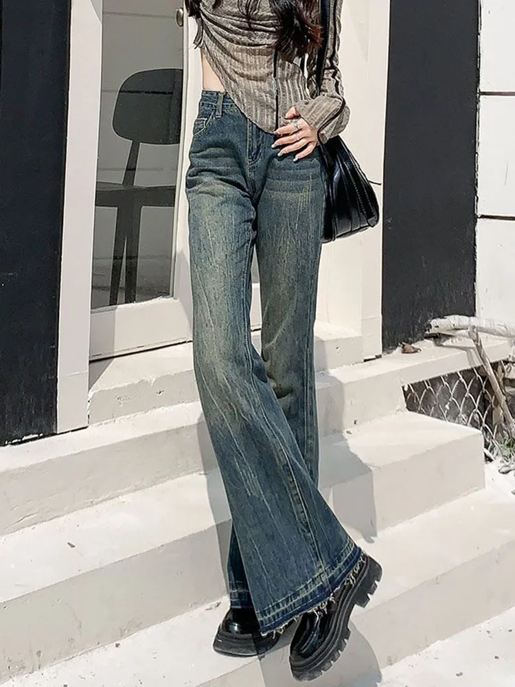 Velours épaissi mode Streetwear jean mince frangé taille haute Bootcut Denim pantalon ample rétro jambe large lavé Vaqueros