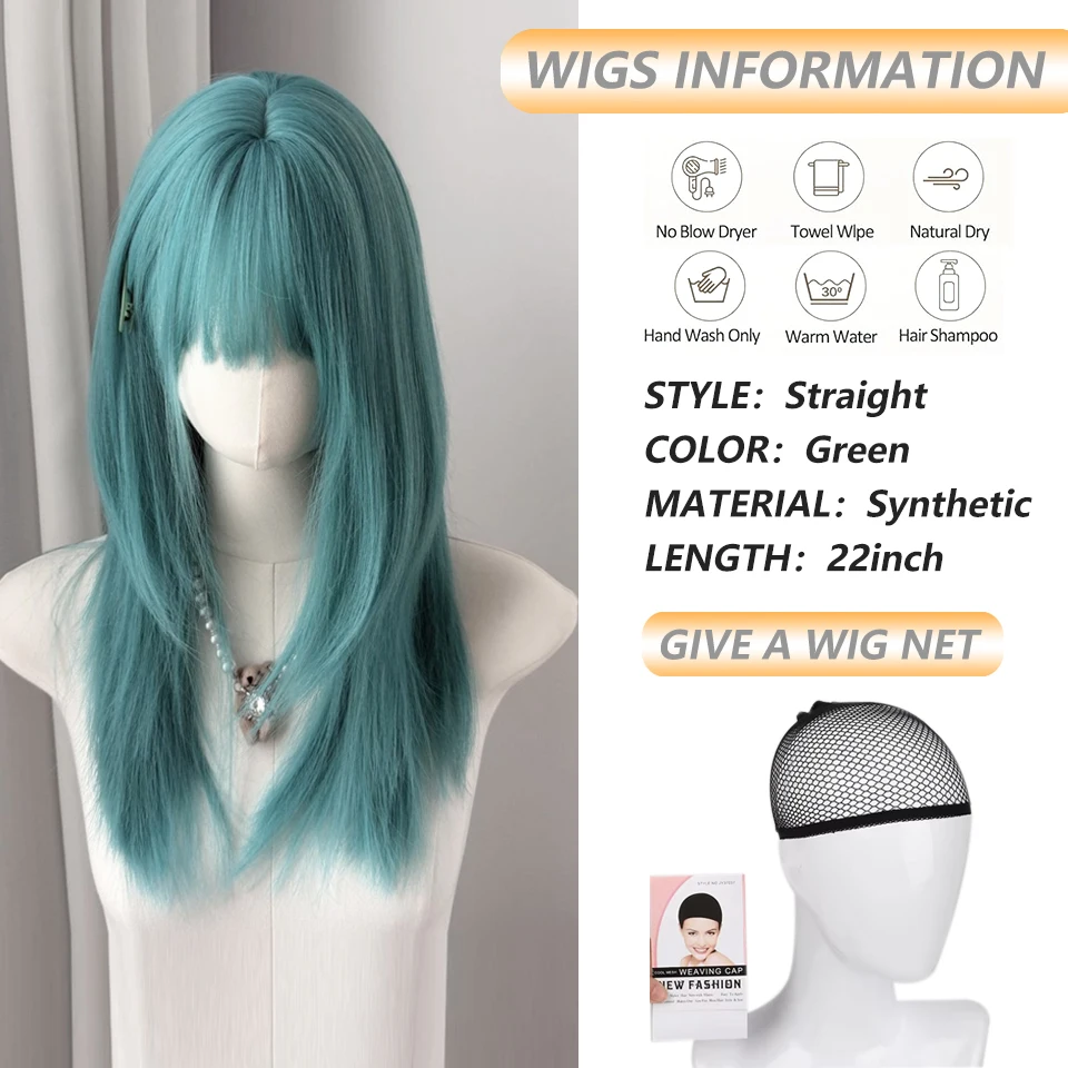 Long Straight Blue-green Wig with Bangs 22inch Synthetic Layered Natural Wig Lolita Cosplay Halloween Costume Wig Heat-Resistant