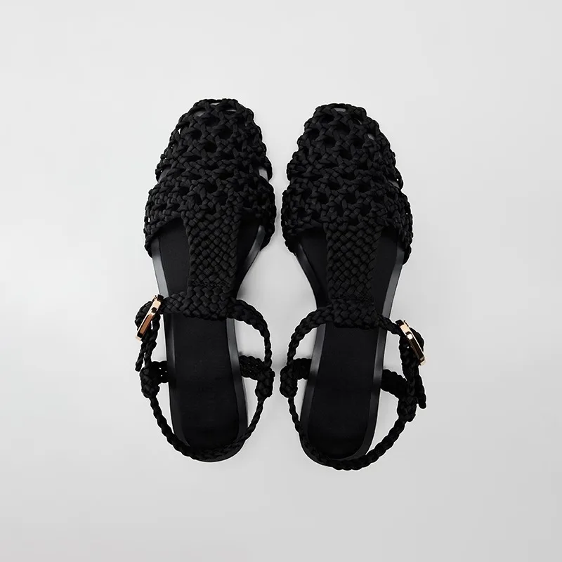 

2025 Spring New Flat Shoes Women's Sandals Summer Versatile French Style Black Woven Roman Hollow Outs Gladiator Sandalias Mujer