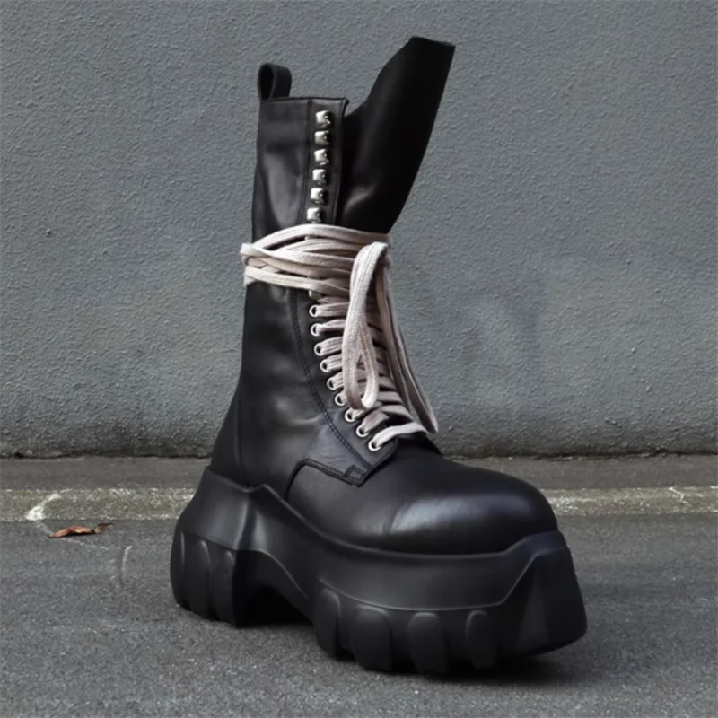 Fashinable Man Round Toe High Top Boot Genuine Leather Men Chunky Heel Boot