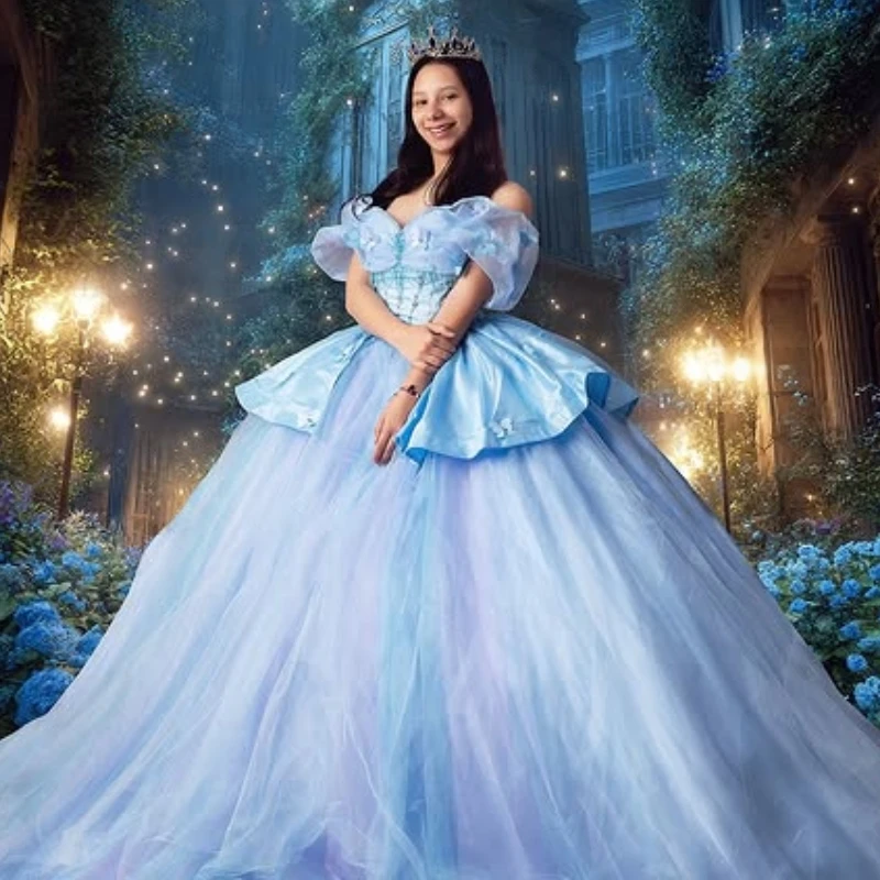 

Blue Shiny Quinceanera Dresses Off The Shoulder Bow Beading Crystal Tull Party Birthday Sweet 16 Dress Vestidos 15 De Anos